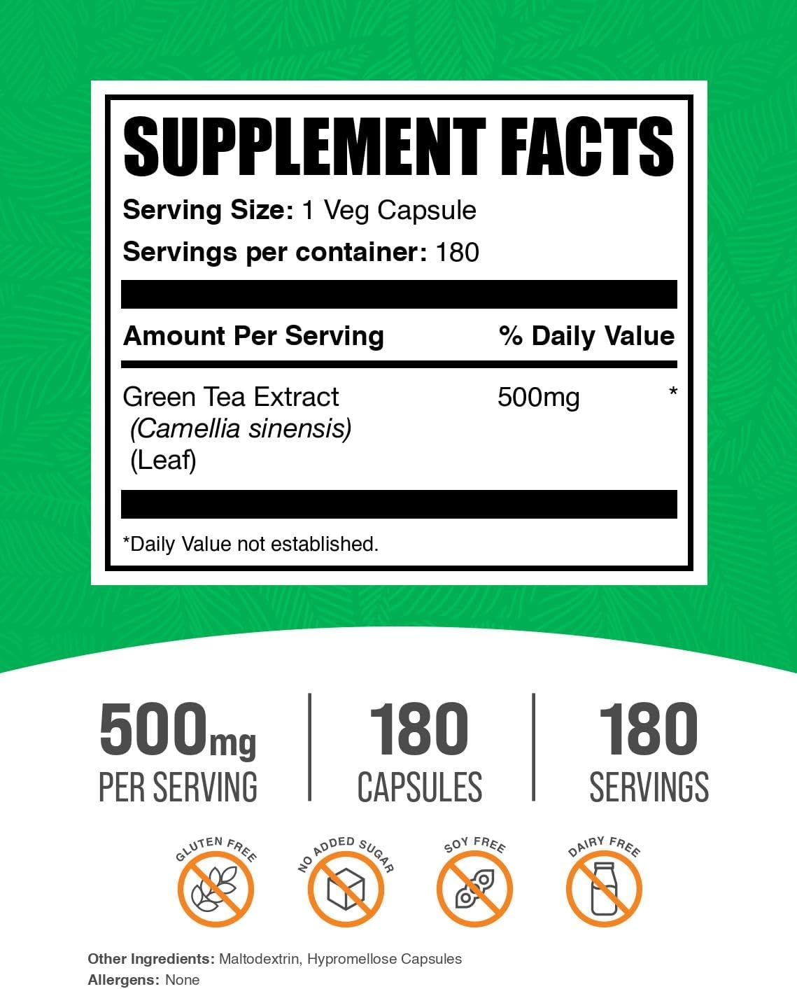 BulkSupplements.com Green Tea Extract Capsules - Green Tea Supplement, Green Tea Extract 500mg, Green Tea Pills - Vegan & Gluten Free, 1 Capsule per Serving, 180 Veg Capsules (Pack of 1)