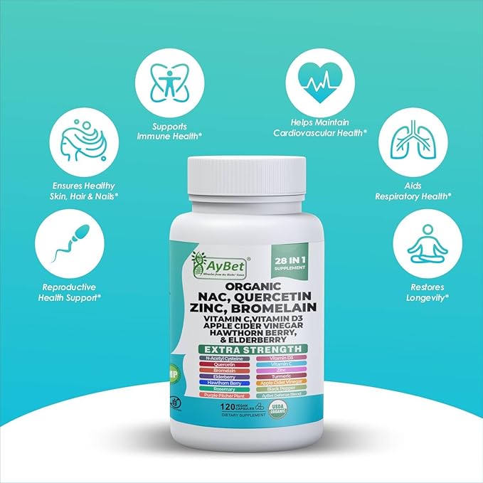 NAC-n-acetyl cysteine- Quercetin Zinc Bromelain Supplement | Extra Strength with Vit C, D3, Apple Cider Vinegar, Elderberry, Hawthorn Berry, Turmeric | Immune Support|120 Vegan Capsules | USDA Organic