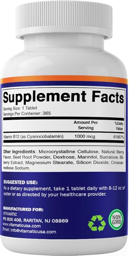 Vitamatic Vitamin B12 1000 mcg Fast Dissolve – 365 Tablets per Bottle - 3 Bottles – Natural Berry Flavor – Supports Energy Metabolism & Nervous System Health