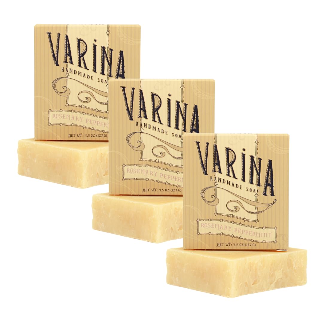 Varina Organic Rosemary Peppermint Bar Soap - Gentle Cleansing for Sensitive Skin, Herbal and Mint - 3 Pack
