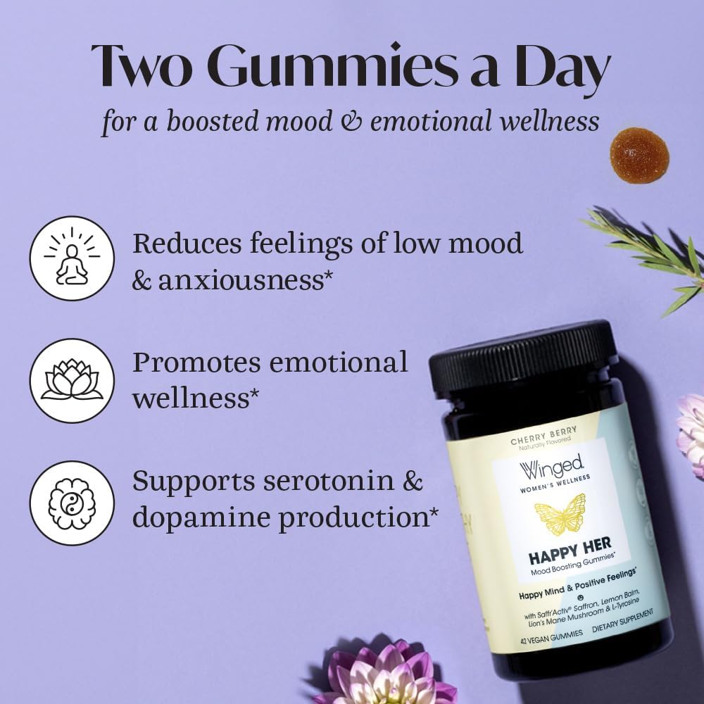 Winged Wellness Happy Her - Mood Support Gummies - Contains Saffr’ Activ Saffron Extract, 5-HTP, L-Tyrosine, Lion's Mane, Lemon Balm, and Chaste Tree - Vegan Gummy, Cherry Flavored - 3 Pack, 126 Count