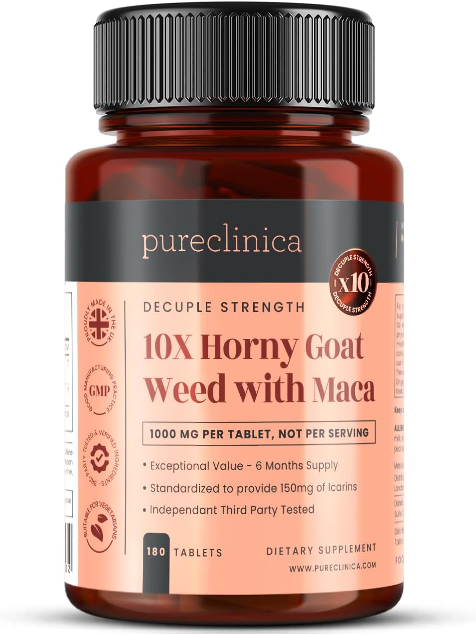 pureclinica 10X Horny Goat Weed & Maca Extract 6250mg x 180 Tablets (6 Months Supply) -10 X More Icariins - w/5mg Black Pepper Extract for 300% Increased Absorption