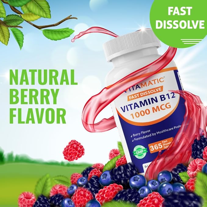Vitamatic Vitamin B12 1000 mcg Fast Dissolve – 365 Tablets – Natural Berry Flavor – Supports Energy Metabolism & Nervous System Health