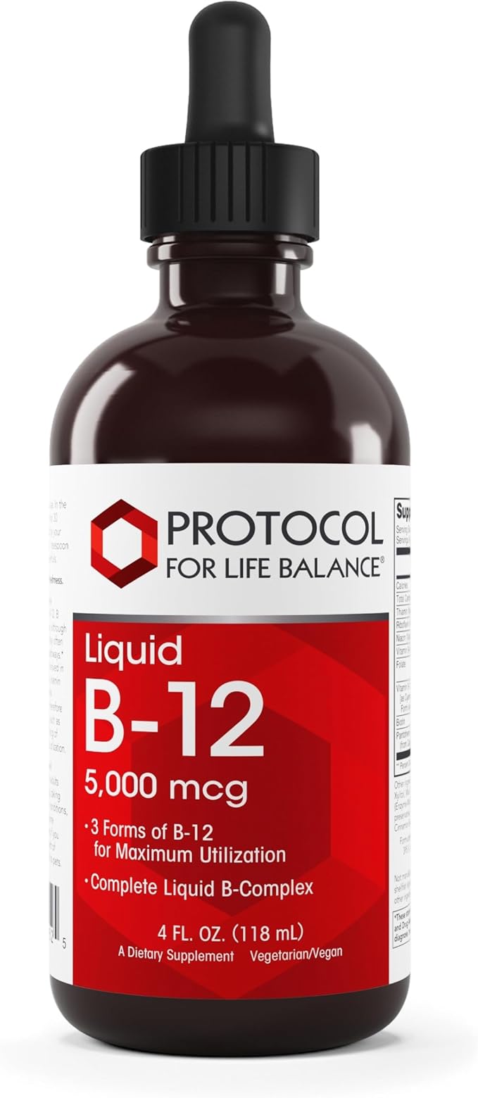 PROTOCOL FOR LIFE BALANCE Liquid B-12 5,000mcg - Nervous System Support - with B Vitamins - Dairy Free & Vegan Vitamin B Liquid - 4 fl oz