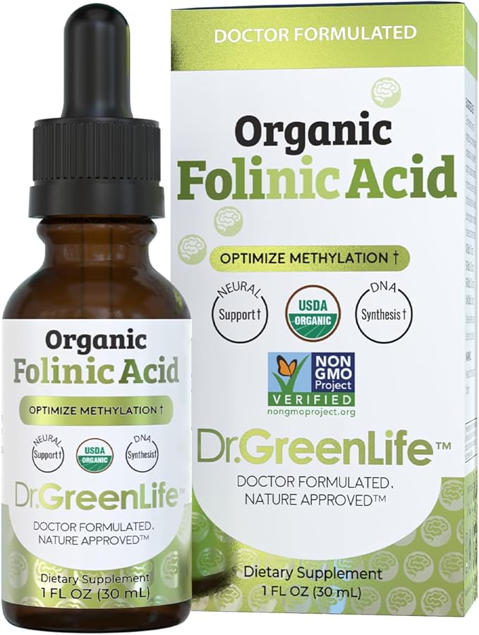 Dr. Green Life USDA Organic Folinic Acid Drops - 500 mcg per Drop | Methylation Support B9 Supplements for Kids & Adults | Supports Neurological Function, Nervous System Health & DNA Synthesis