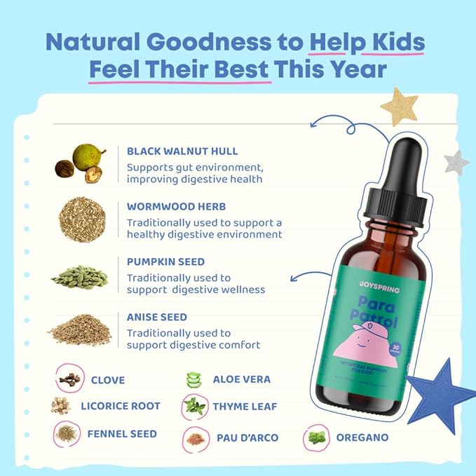 JoySpring ParaPatrol Kids’ Herbal Blend – Alcohol-Free Liquid Supplement with Black Walnut and Wormwood Extract | Supports Digestive Health | Natural Raspberry Flavor – 30 Servings
