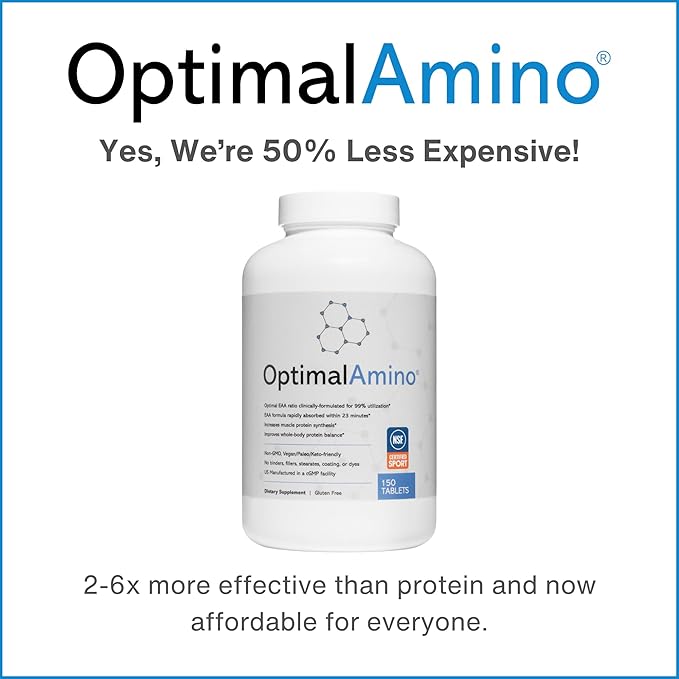 OptimalAmino Tablets (150 Count) | 99% Utilized Essential Amino Acid (EAA) Supplement, Increase Muscle Recovery, BCAA Protein Pre/Post Workout | NSF Certified for Sport® Certified