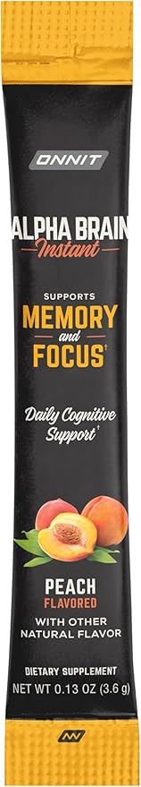 ONNIT Alpha Brain Instant Cognitive Support Drink Mix, Nootropic Supplement for Focus, Memory and Clarity, Peach Flavor, 0.13 oz Packets, 30 Count