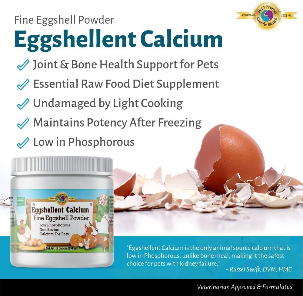 Calcium for Dogs and Cats - Fine Eggshell Powder - Strong Hip & Joint Supplement for Dogs and Cats- Dietary Supplement - No Additives - Pet's Friend Eggshellent Calcium 16oz
