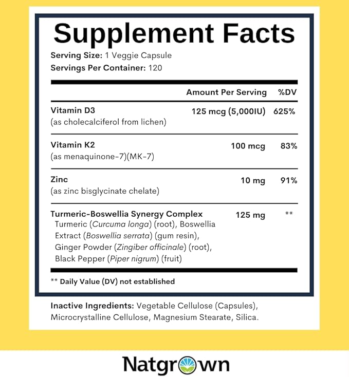 Natgrown Vitamin D3 + K2 w/Zinc - Vegan Vitamin D 5000 IU & Mk7 100mcg for Bone and Immune Support Supplement - Plant Based D3 K2 with Superfood Blend, Gluten-Free - 120 Capsules