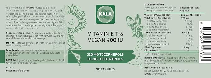Vitamin E - All 8 Tocopherols + Tocotrienols 400 IU Vegan - Alpha Tocopherol/Tocotrienol + Beta Tocopherol/Tocotrienol + Gamma Tocopherol/Tocotrienol + Delta Tocopherol/Tocotrienol (180)