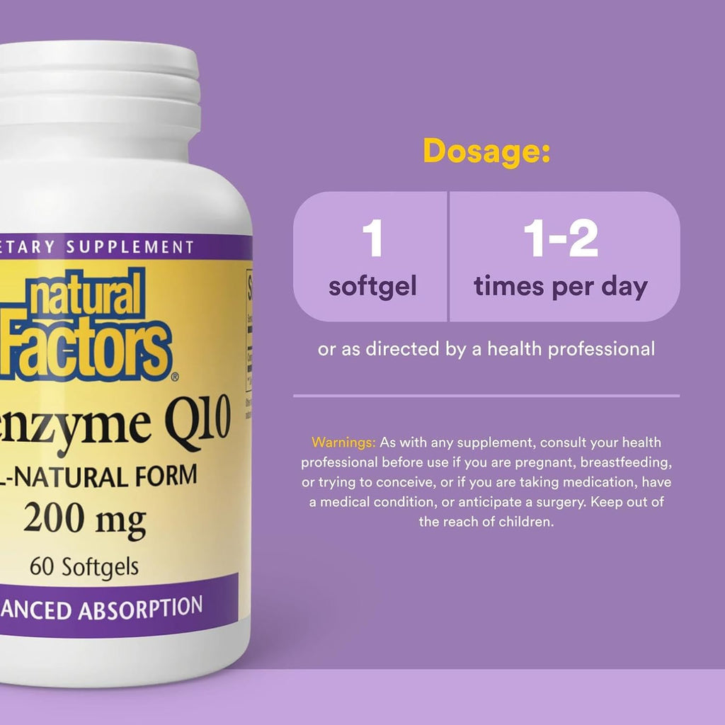 Natural Factors Coenzyme Q10 200 mg, Natural Coenzyme Q10 Supplement for Energy, Heart and Cognitive Support, 60 Softgels