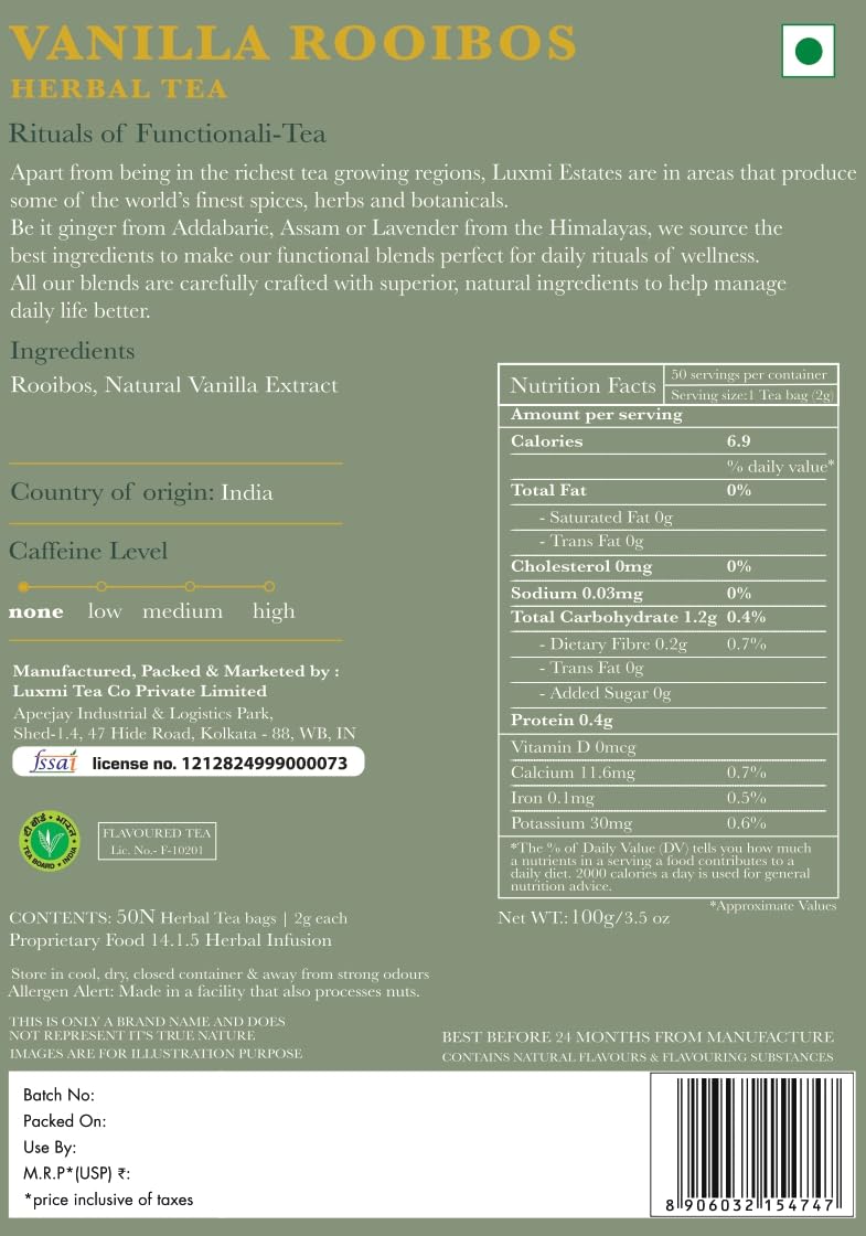 Luxmi Estates - Rooibos Vanilla - Organic Rooibos Tea with Natural Vanilla Extract - Loose Leaf - 100g (50 Cups)| Limited Fall Tea, Calming and Relaxing