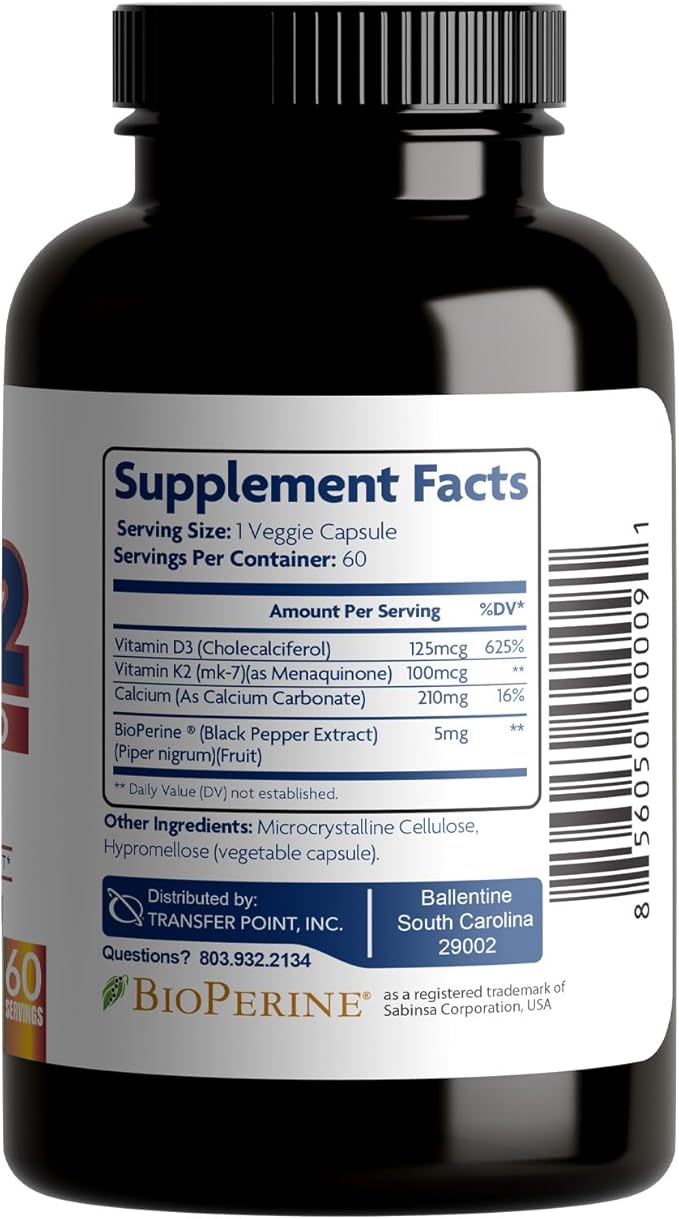 D3K2 Enhanced with Calcium & BioPerine® - 5000 IU Vitamin D3 + 100 mcg Vitamin K2 MK-7 - Once-daily formula, 60 Capsules