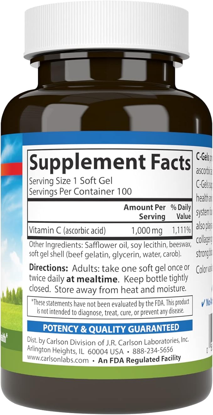 Carlson - C-Gels, 1000mg, Vitamin C Softgels, Immune Support & Heart Health, Vitamin C Softgels, Antioxidant, Vitamin C Supplement, 100 Softgels