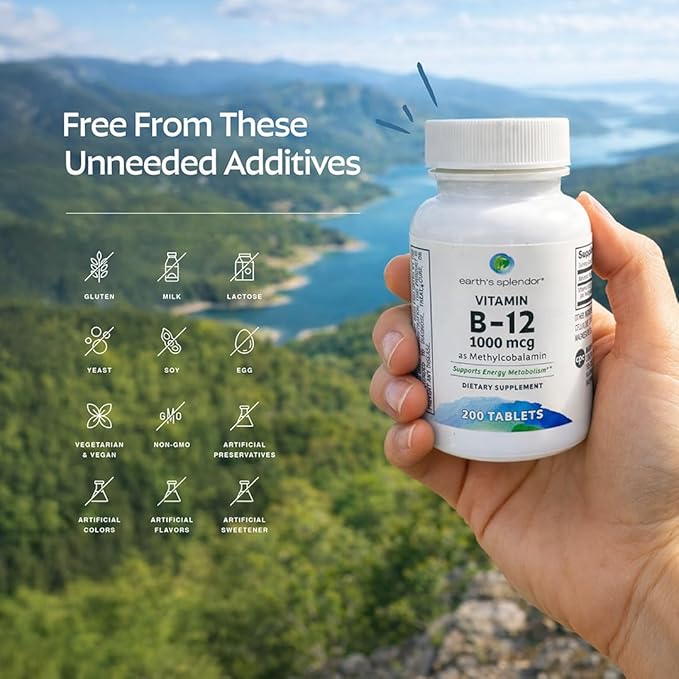 Earth's Splendor Vitamin B12 Methylcobalamin, Energy Support, Metabolism Support, 1000mcg Tablets, 200 Tablets