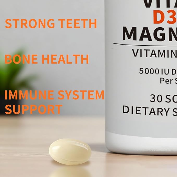 Vitamin D3 K2 5000 IU Softgels with Magnesium Supplement - & 120mcg MK-7 K2 for Bone Health & Immune Support - Non-GMO & Gluten-Free Softgels with MCT Oil- 30 Softgel