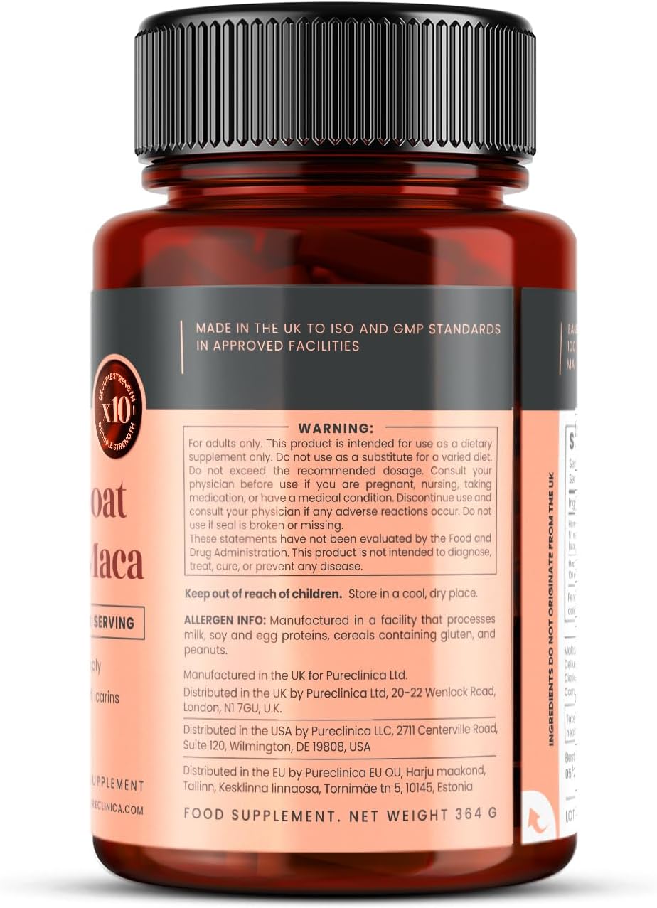 pureclinica 10X Horny Goat Weed & Maca Extract 6250mg x 180 Tablets (6 Months Supply) -10 X More Icariins - w/5mg Black Pepper Extract for 300% Increased Absorption