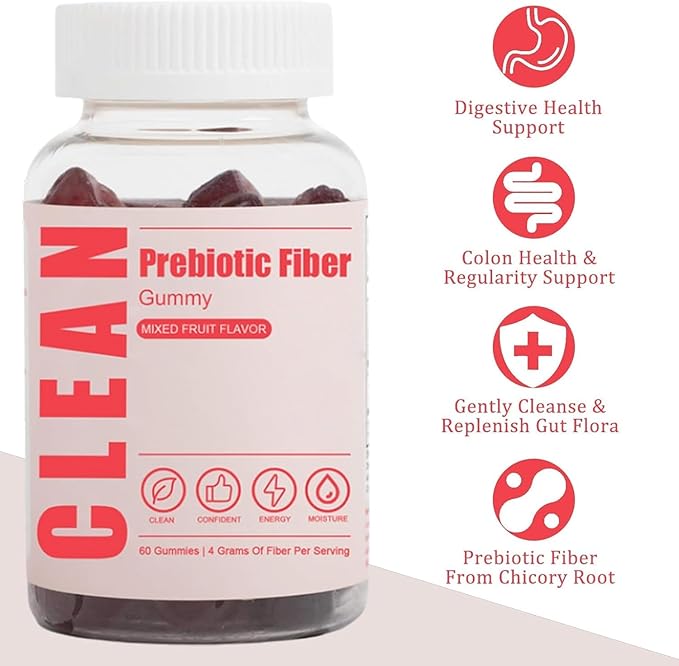 Clean Fiber Gummies for Men, Clean Prebiotic Fiber Gummy Supplement, Digestive Gut Health 60 Gummies