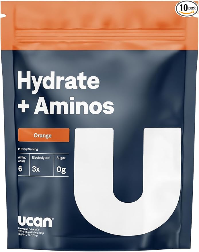 UCAN Hydrate + Aminos Packets, Orange, 10 Count, Keto, Sugar-Free Electrolyte + Muscle Recovery, Essential Electrolytes + EAAs & BCAAs, Non-GMO, Vegan, for Runners, Gym-Goers, Performance Athletes