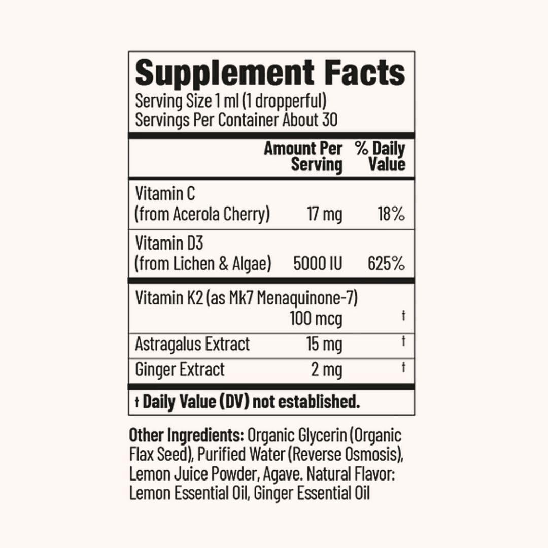 Astragalus & Ginger Natural Vitamin D3 & K2 Liquid Drops for Immune Support | Immunity Herbal Blend | 100% Pure Essential Oils & Lemon Tincture | Made in USA