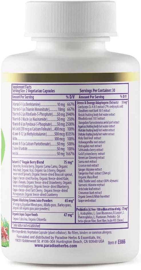 Paradise Herbs, Earth's Blend B-Complex, Methylated, Enzymatically Active Forms of B Vitamins + Superfoods, Supports Energy & Immunity, 60 Capsules