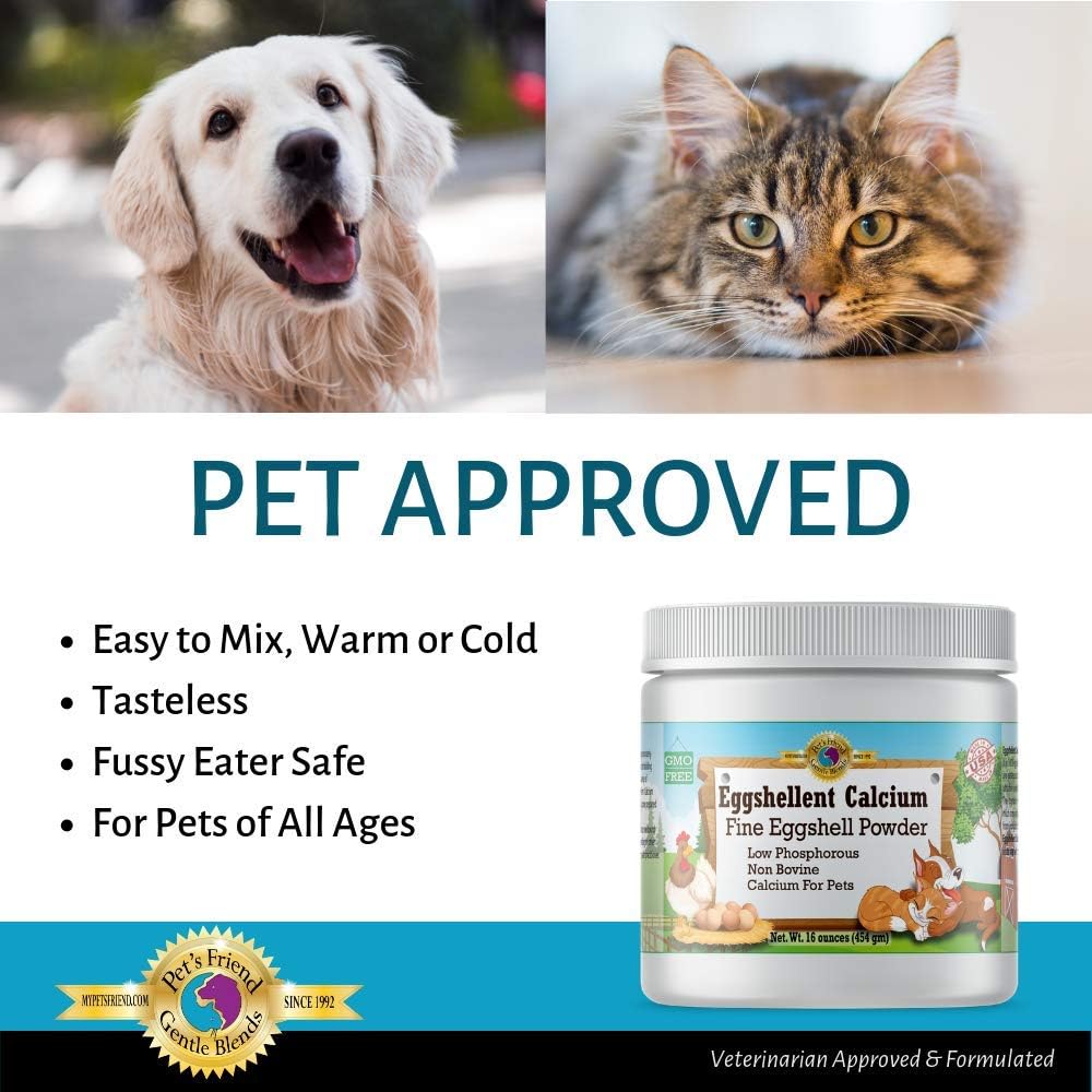 Calcium for Dogs and Cats - Fine Eggshell Powder - Strong Hip & Joint Supplement for Dogs and Cats- Dietary Supplement - No Additives - Pet's Friend Eggshellent Calcium 16oz