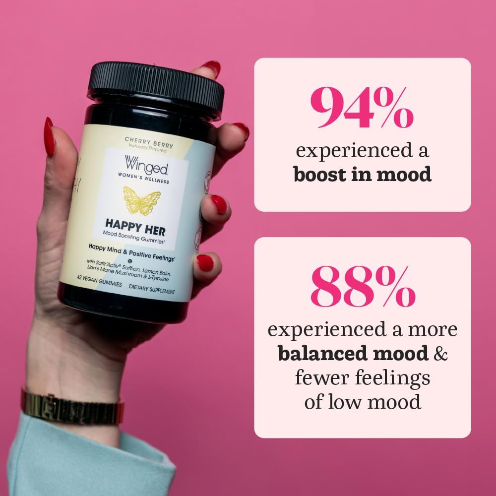 Winged Wellness Happy Her - Mood Support Gummies - Contains Saffr’ Activ Saffron Extract, 5-HTP, L-Tyrosine, Lion's Mane, Lemon Balm, and Chaste Tree - Vegan Gummy, Cherry Flavored - 3 Pack, 126 Count