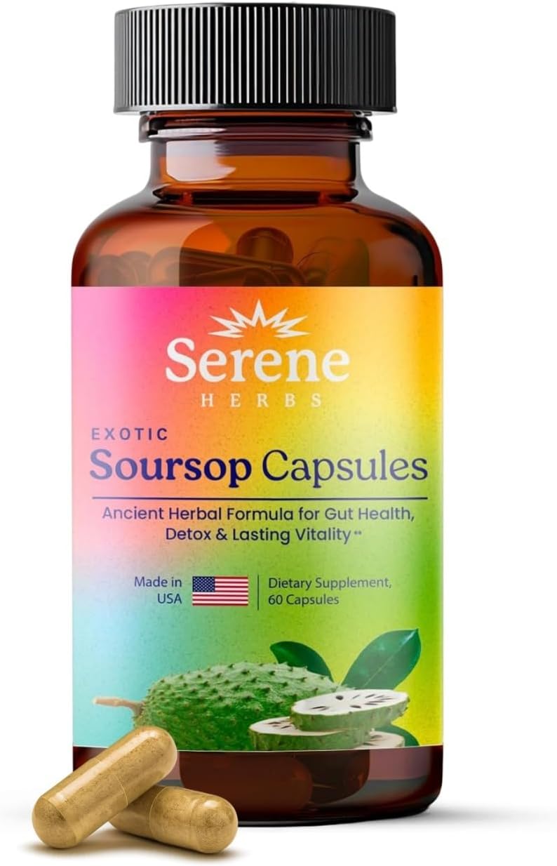 Serene Herbs Graviola Soursop Capsules Organic - Guanabana Extract Pills with Black Seed, Irish Moss & Moringa - 16 Herb Daily Supplements & Digestive Support - Vegan, Non-GMO - 7,000 mg - 60 Count