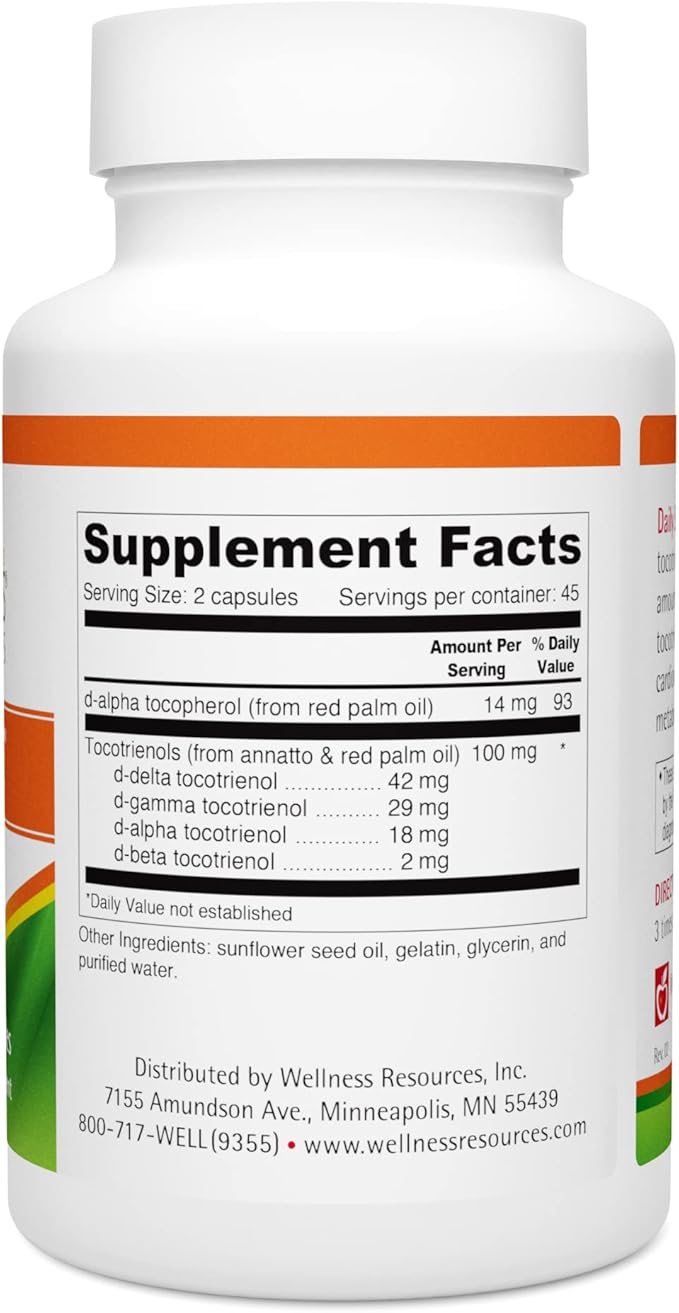 Wellness Resources Daily Super E - Tocotrienol Vitamin E Complex: Soy-Free Full Spectrum Vitamin E with Delta, Gamma & Alpha Tocotrienols for Antioxidant Protection, Natural Source, Non-GMO (90 Caps)