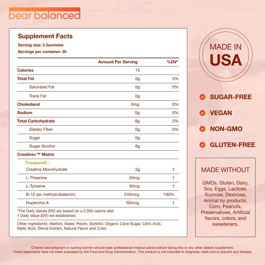 Bear Balanced Creatine Gummies for Men & Women - Creapure® Creatine Monohydrate, L-Theanine, L-Tyrosine & B12 for Muscle Growth, Strength, Focus, Energy & Health - Low Calorie, Sugar-Free, & Vegan