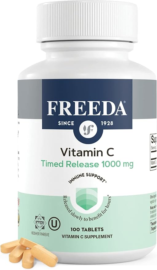 FREEDA Timed Release Vitamin C 1000mg – Slow-Release for All-Day Immune & Antioxidant Support, Gentle on Stomach, Kosher & Vegan, High-Absorption Tablets (100 Tablets)