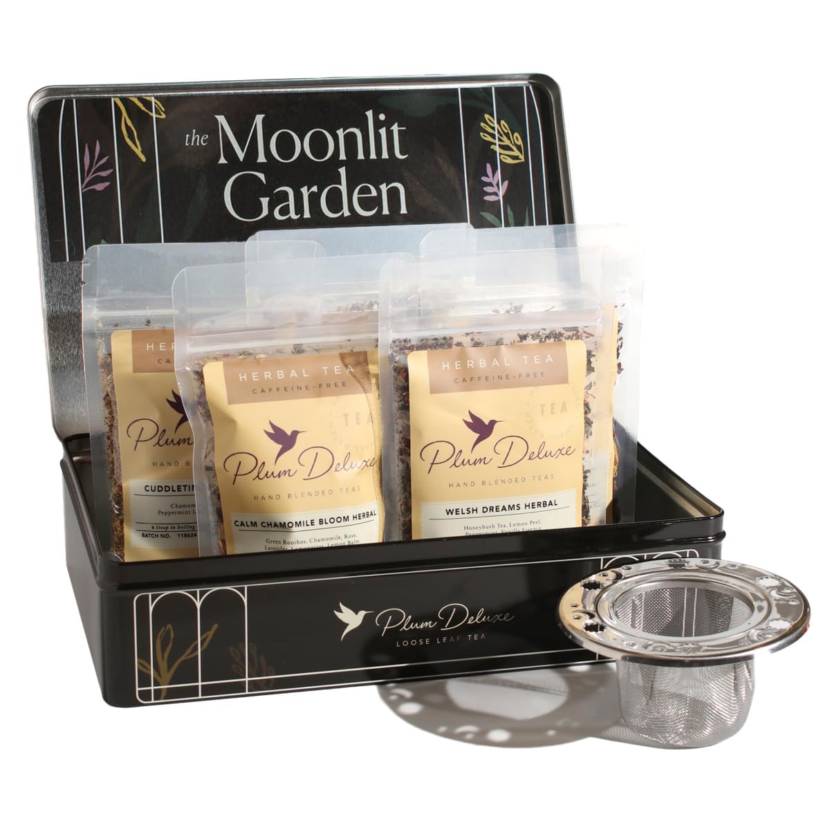 Moonlit Garden Collection Assorted Herbal Tea Gift Set - Hand-Crafted Loose Leaf Teas, Presentation Gift Box with Loose Leaf Steeper Included, Sleepytime Tea - 5 Unique and Flavorful Teas, 75+ Cups