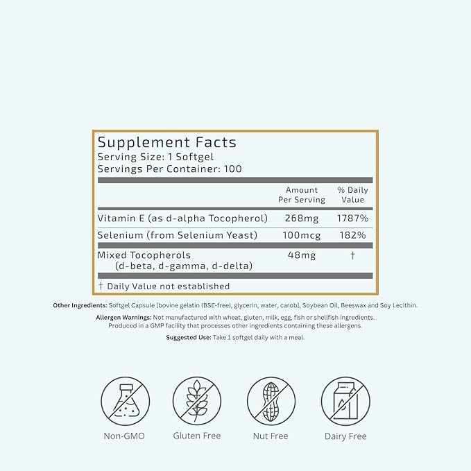 VTC VitaTradingCo. Vitamin E + Mixed Tocopherols | 400 IU Vitamin E | with Selenium & D-Alpha | Powerful Antioxidant | Skin, Heart, & Immune Support | 100 Softgels