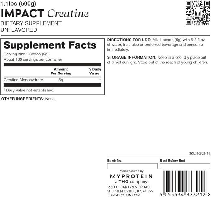 Myprotein Creatine Monohydrate Powder, 100 Servings (1.1lbs), Pure Unflavored Creatine Powder, Post/Pre Workout Supplement for All Sports & Exercises