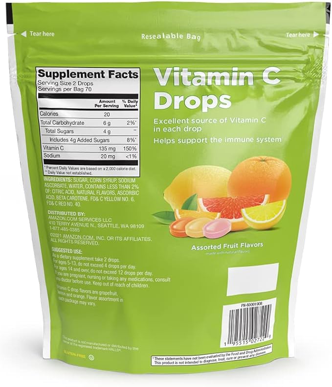 Amazon Basic Care Vitamin C Supplement Drops, Lemon, Orange & Grapefruit, 140 count (Previously SoundHealth)