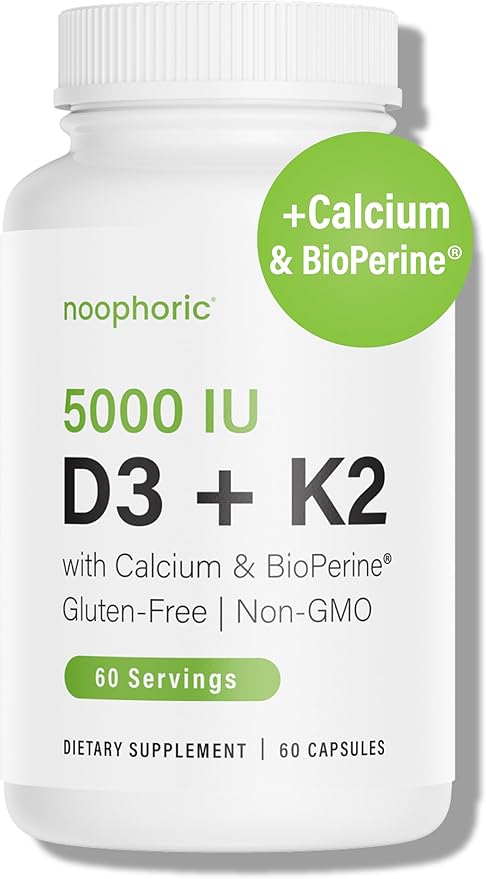 Noophoric D3 K2 Vitamin 5000 IU - Vitamin K2 100 mcg MK7, Calcium, BioPerine - Bone Health & Immune Support Supplement - Gluten-Free, Non-GMO - Vitamin D3 K2 Supplement (60 Servings)