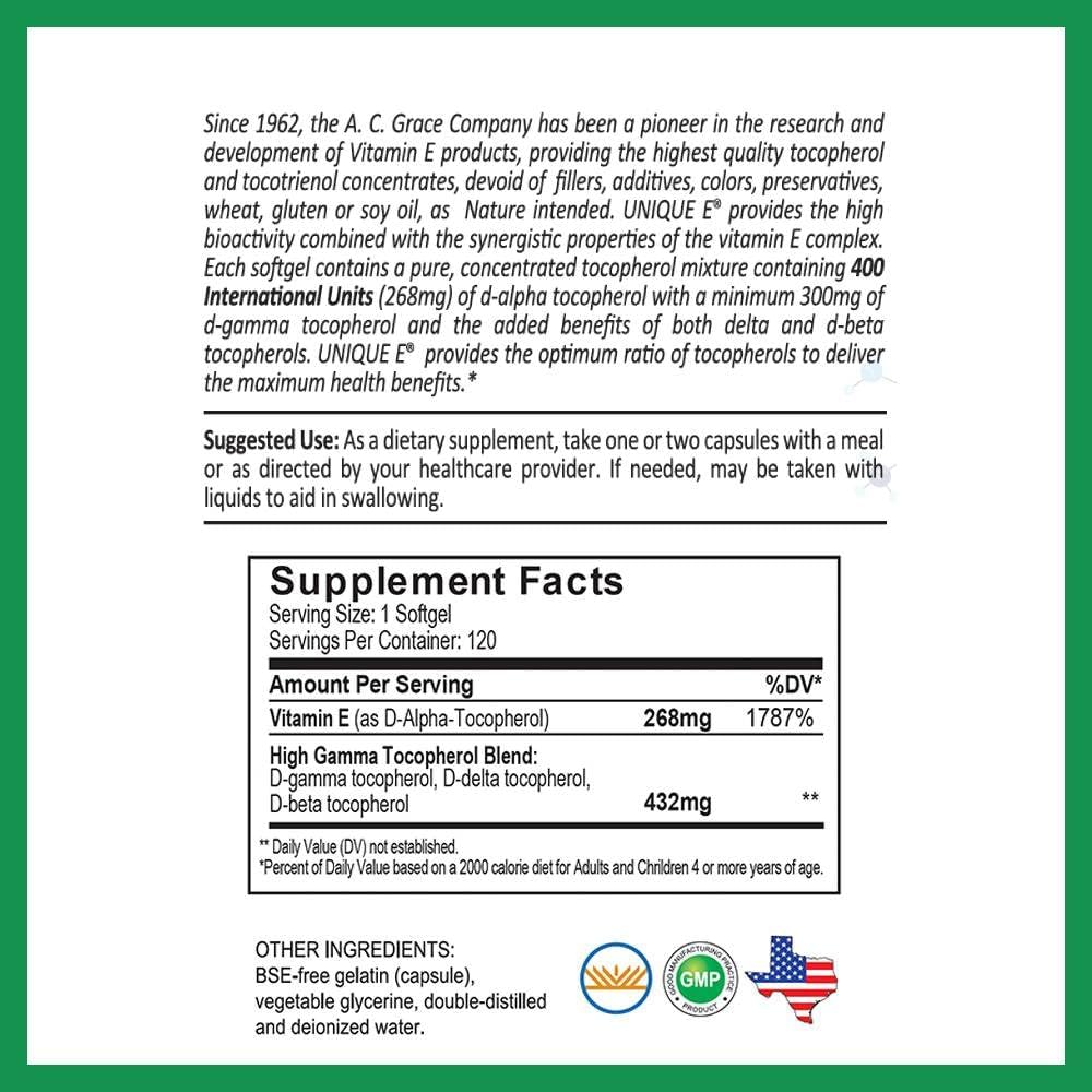 A.C. Grace Company UNIQUE E Mixed Tocopherols 120 Soft Gels, Supports Healthy Brain Function, General Health, and Aging Support, All-Natural Vitamin E and Kosher