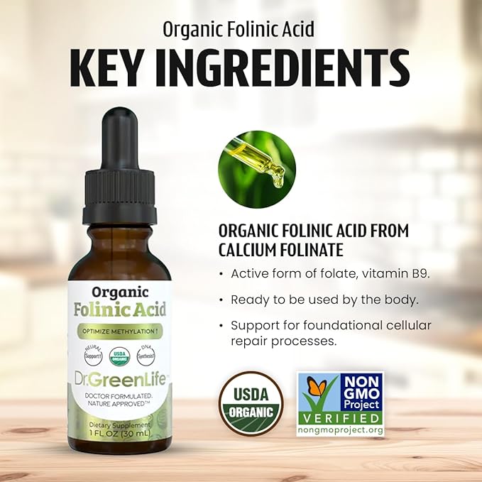 Dr. Green Life USDA Organic Folinic Acid Drops - 500 mcg per Drop | Methylation Support B9 Supplements for Kids & Adults | Supports Neurological Function, Nervous System Health & DNA Synthesis
