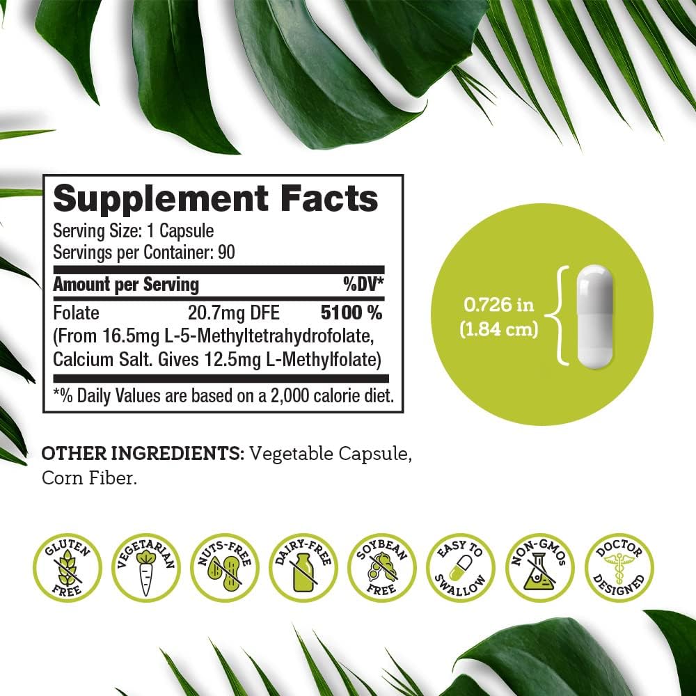 DSO L Methylfolate 12.5mg (5 MTHF Supplement) - 90 Vegan Capsules (12.5 mg) - Active L Methyl Folate Supplement for Homocysteine Control - Folic Acid Vitamin - Eco-Friendly Packaging