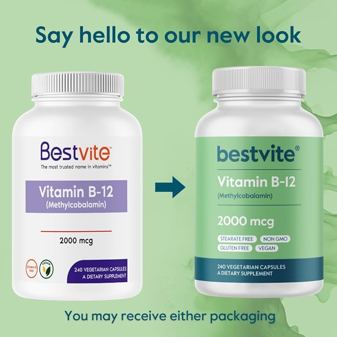 BESTVITE Vitamin B12 (Methylcobalamin) 2000mcg (240 Vegetarian Capsules) (Methyl B12) - No Stearates - Vegan - Non GMO - Gluten Free