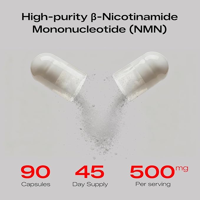 NMN 500mg Supplement -High Purity Nicotinamide Mononucleotide for NAD+,90 Capsules (45-Day Supply)-Made in USA, cGMP Certified,Cellular Energy, Anti-Aging, DNA Repair & Brain Support