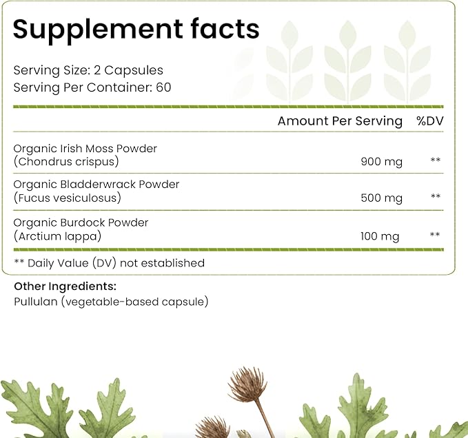 Organic Irish Sea Moss Capsules: Wildcrafted Sea Moss, Burdock Root & Bladderwrack Prebiotic Super Food for Immune Support, Thyroid Support, Natural Energy, -120 Caps