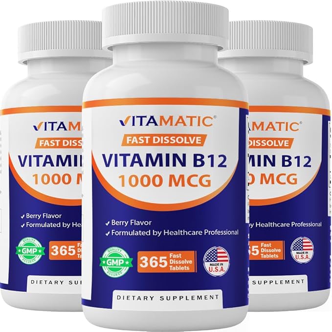 Vitamatic Vitamin B12 1000 mcg Fast Dissolve – 365 Tablets per Bottle - 3 Bottles – Natural Berry Flavor – Supports Energy Metabolism & Nervous System Health