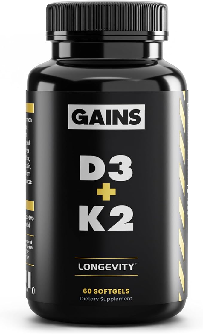 Gains in Bulk D3 K2 Supplement, Vitamin D3 5000 IU, Vitamin K2 100 Mcg, Vitamin A 5000 IU, Algae Oil with Omega 3, Wellness Support for Men & Women, Gluten Free, Vegan, Non GMO, 60 Softgels
