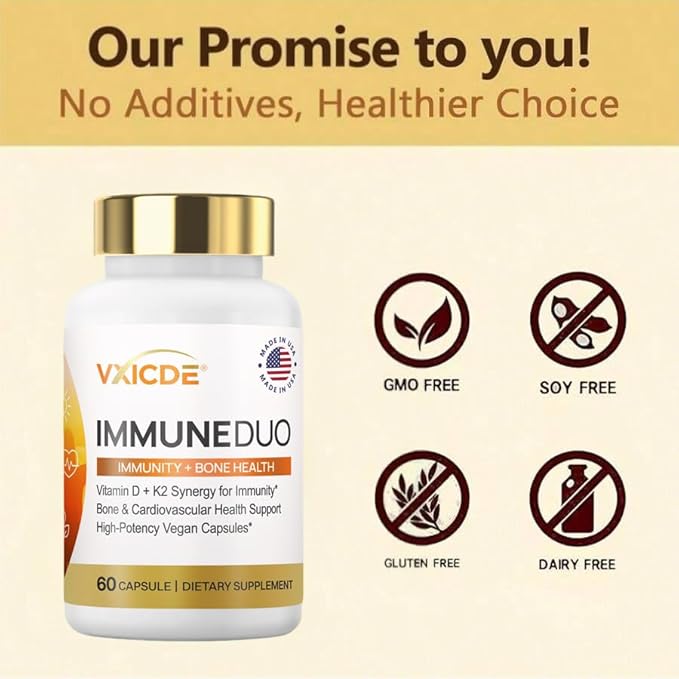 Vitamin K2 with D3 Supplement Non-GMO Formula 125 mcg Vitamin D3 & 100 mcg K2 (MK-7) Easy to Swallow D & K Complex, 60 Capsules