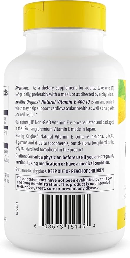 Healthy Origins Vitamin E 400 IU (Natural, Non-GMO, Gluten Free, Skin Support, Cardiovascular Support), 180 Softgels