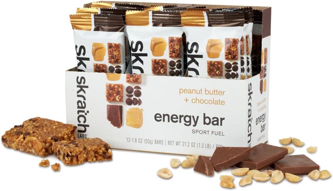 Skratch Labs Energy Bar | Peanut Butter + Chocolate (12 Pack) | Plant Based Healthy Snack | Low Sugar - 5g Protein | Non-GMO, Gluten Free, Soy Free, Vegan, Kosher
