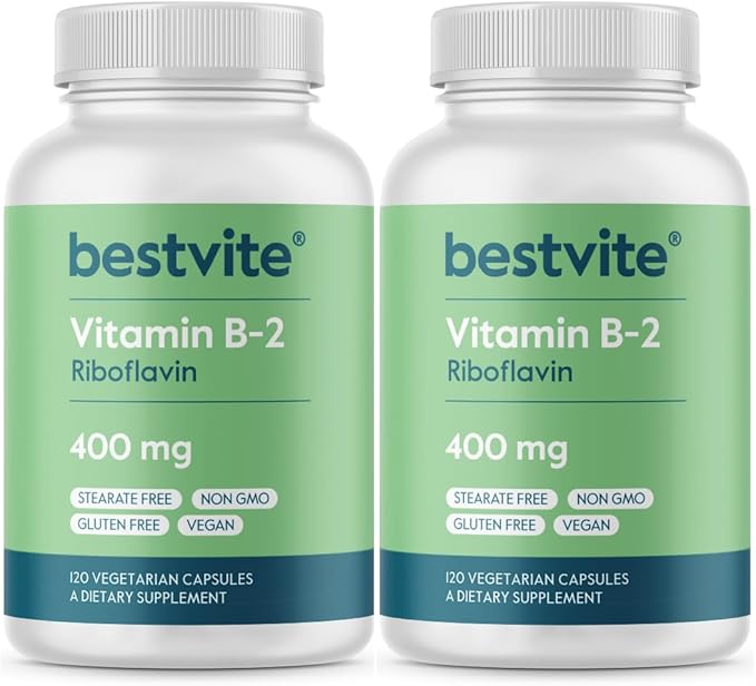 BESTVITE Vitamin B-2 (Riboflavin) 400mg (240 Vegetarian Capsules) (120 x 2) - High Potency – Energy, Skin & Cellular Health – Healthy Nervous System Support – Vegan – Gluten Free - No Stearates