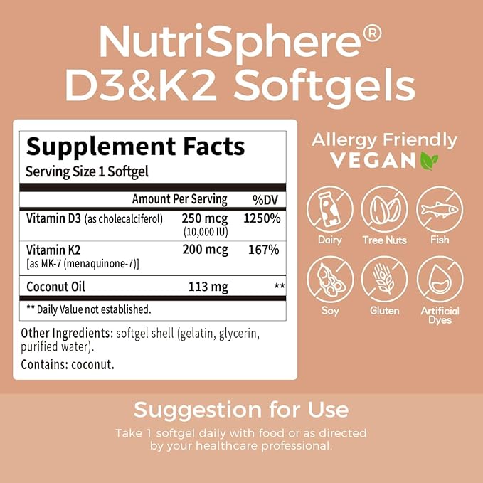 NutriSphere Vitamin D3 & K2 (MK-7) - 10,000 IU + 200 mcg Supplement D&K, Easy to Swallow, Supports Calcium Absorption - 365 Softgels (1 Year Supply)